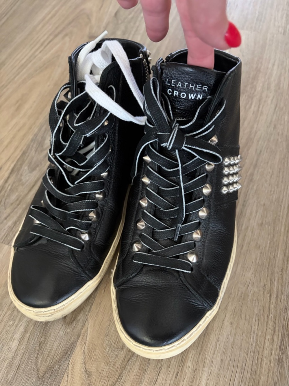 Leather Crown Black Studded High-Top Sneakers with White Trim